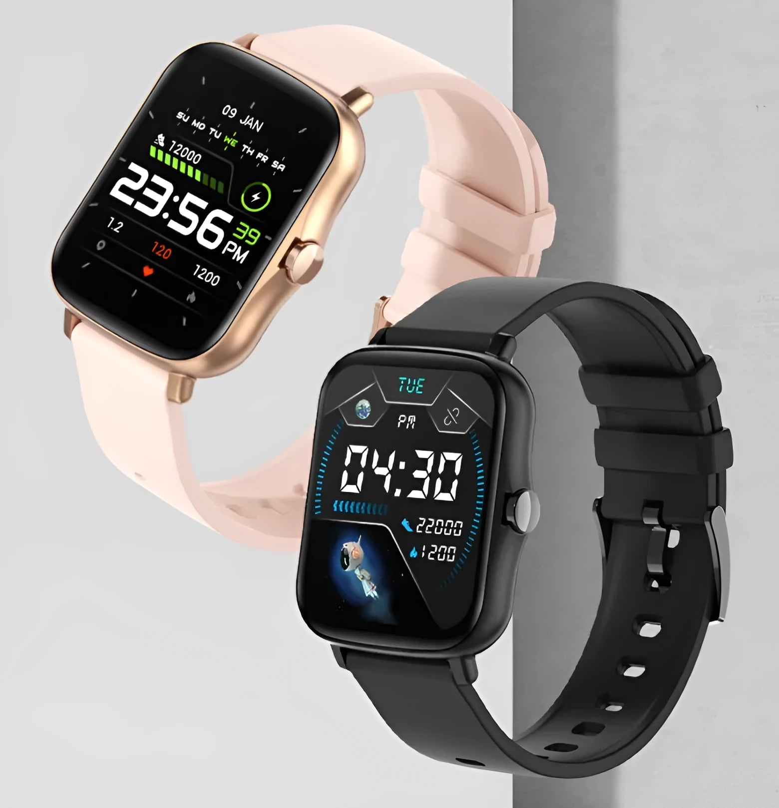Smart sports watch with blue strap and 1.7-inch colour touch screen displaying time and heart rate.