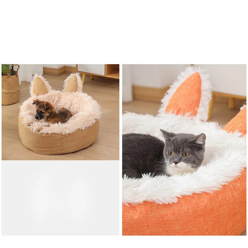 Round plush faux fur cat bed in blue, grey, orange, white or yellow, sizes XS 35cm to XL 75cm