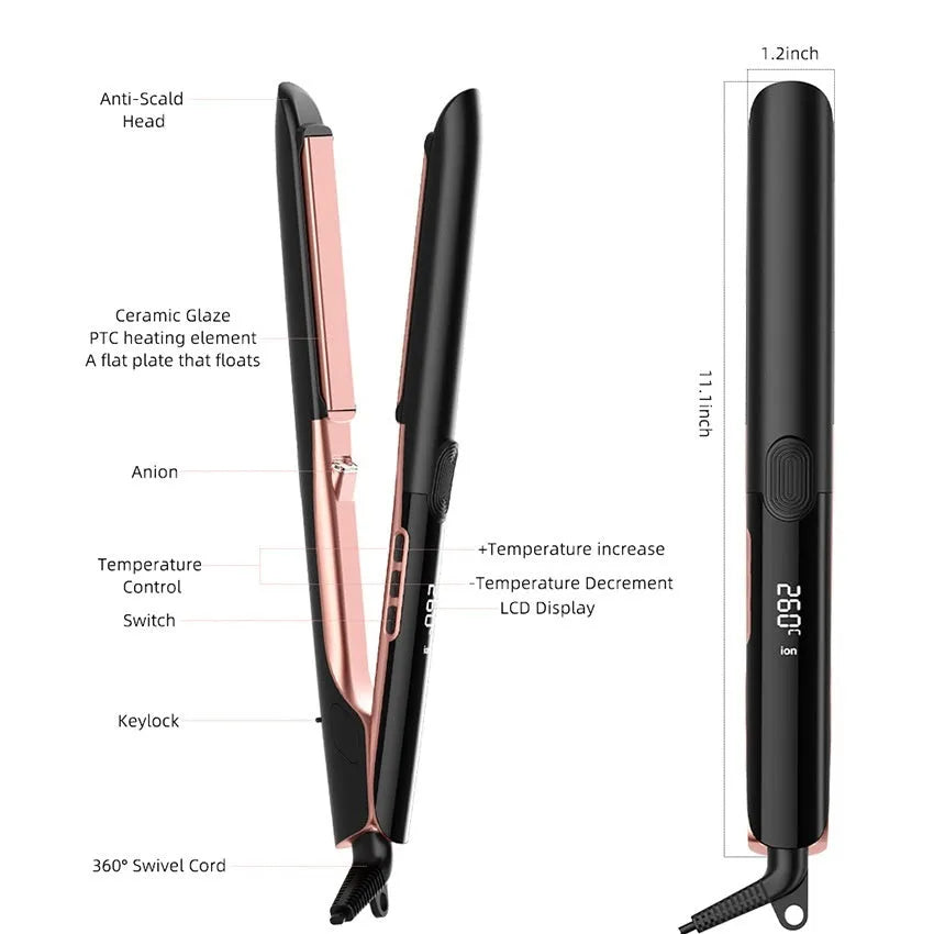 Hair straightener with temperature display and anion technology for styling
