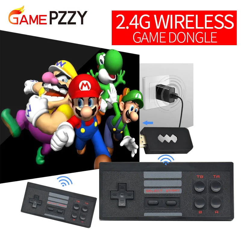 4K HDMI video game console with two wireless controllers and USB cable in colour box packaging