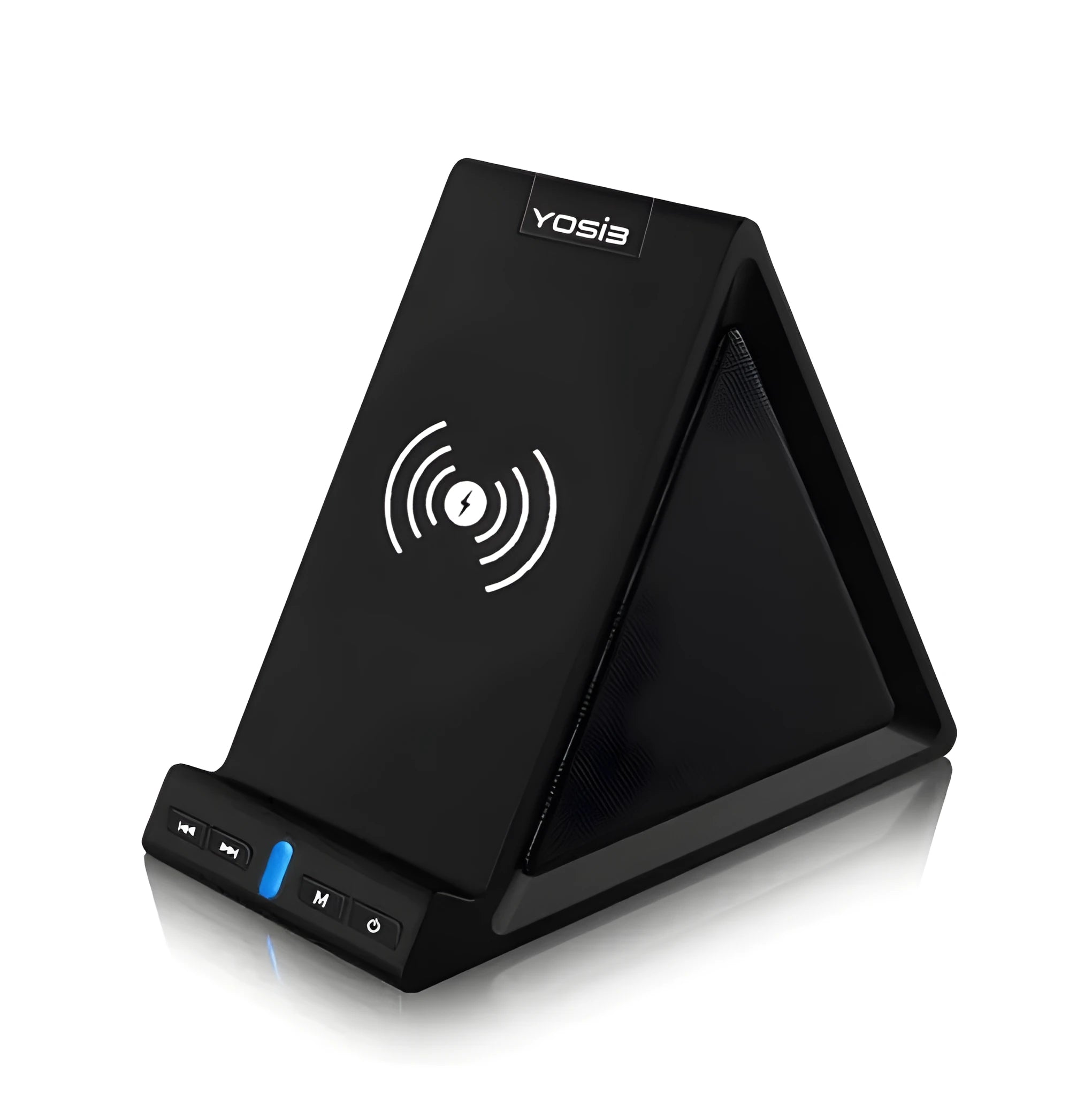Black multifunctional Bluetooth speaker with built-in power bank and phone stand, showing front and side views.