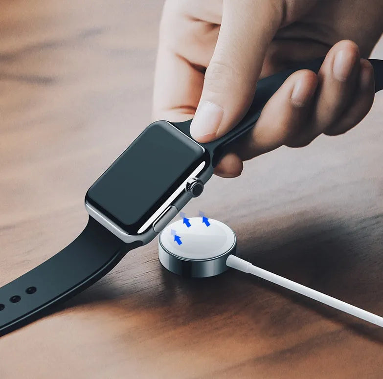 White Apple Watch wireless charger with 1m USB cable, ABS and stainless steel, 2W output, compatible with iPhone models