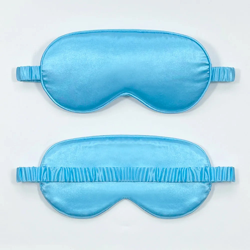 Double-sided rayon elastic satin sleep mask shown in multiple colour options including black, sky blue, and wine red.