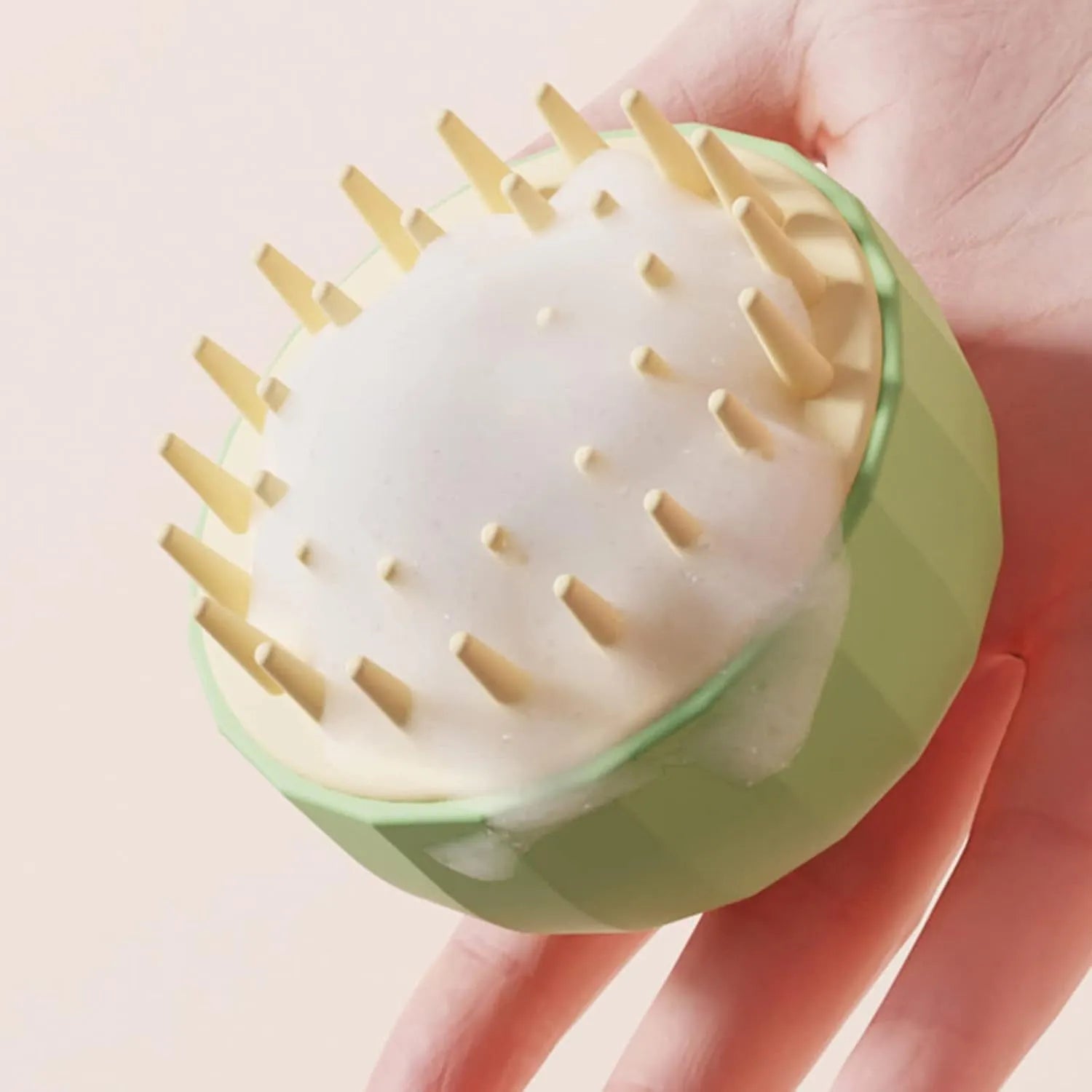 Green pink or white plastic pet bath massage brush with drainage holes and massage nodules, 95mm size.