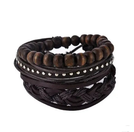 Hand-woven leather bracelet with wooden beads and adjustable design for vintage punk style