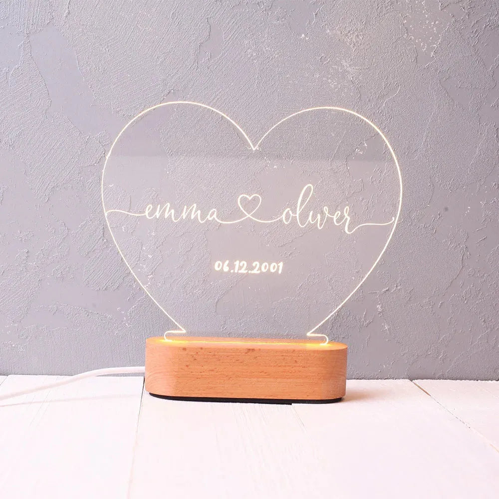 Custom acrylic LED night light with personalised names and date for couples