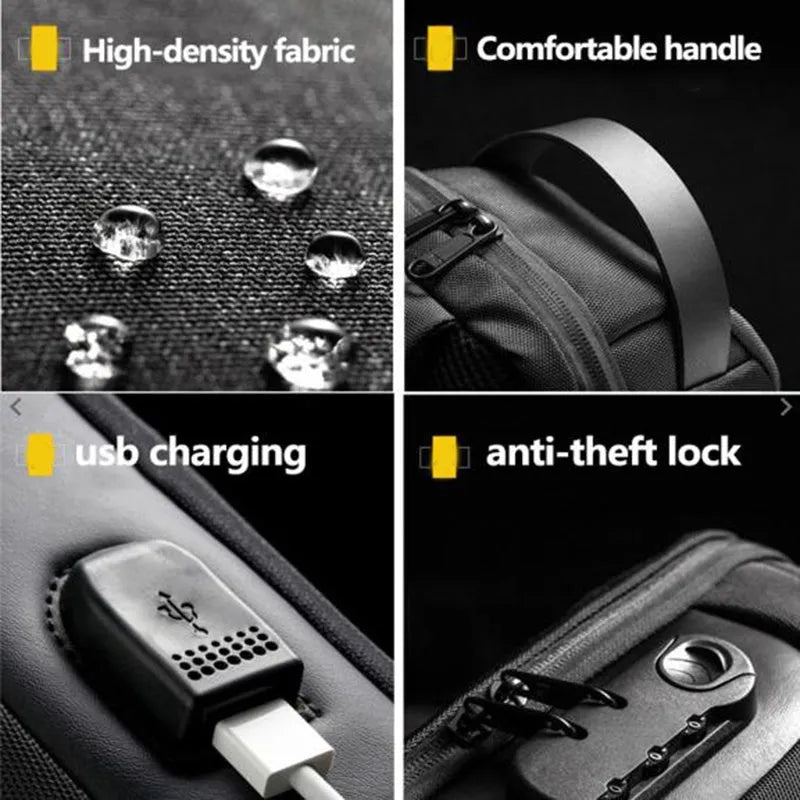 Black waterproof Oxford cloth crossbody bag with a shoulder strap, showing a USB port and multiple compartments.