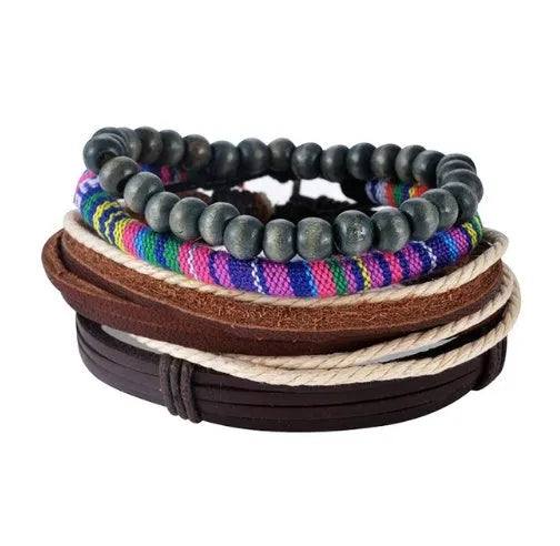 Hand-woven leather bracelet with wooden beads and adjustable design for vintage punk style