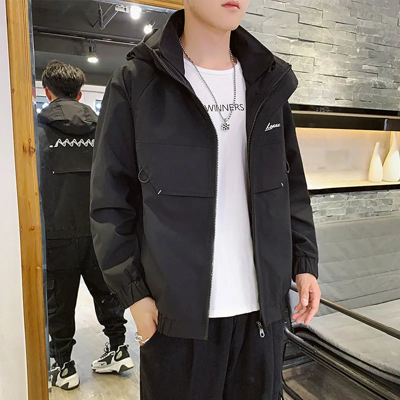 Hooded work coat in black with full zipper, loose fit 100% polyester for spring and autumn