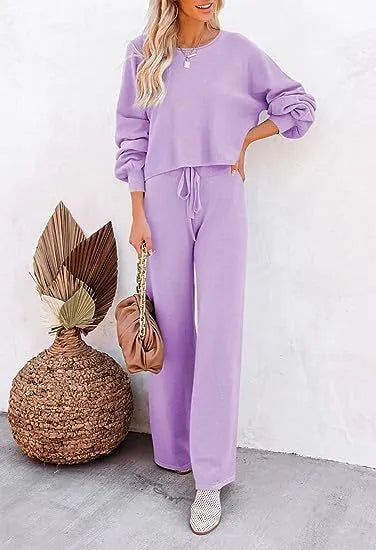Women's casual solid colour two-piece set, long-sleeved top and trousers, polyester, beaded detail, in apricot colour