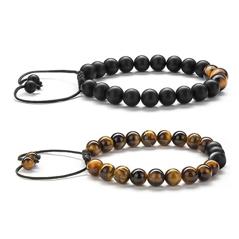 Matte black agate couple bracelets with geometric beads in individually packaged presentation