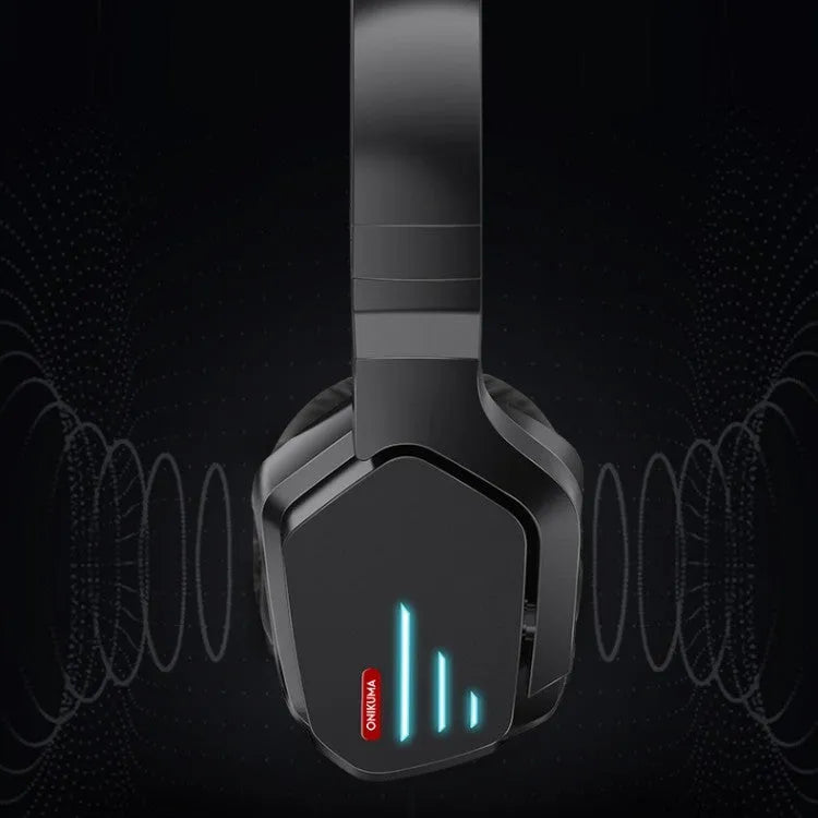 Luminous black wireless headphones with head-mounted design showing ear cups and adjustable headband