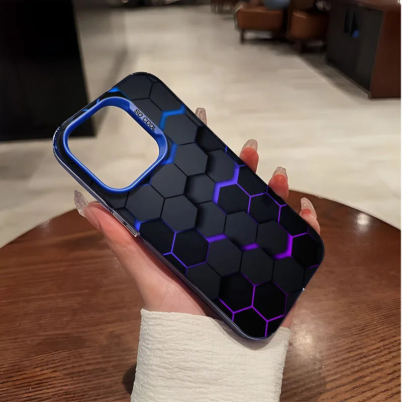 Frosted black iPhone case with a honeycomb square pattern on the back.