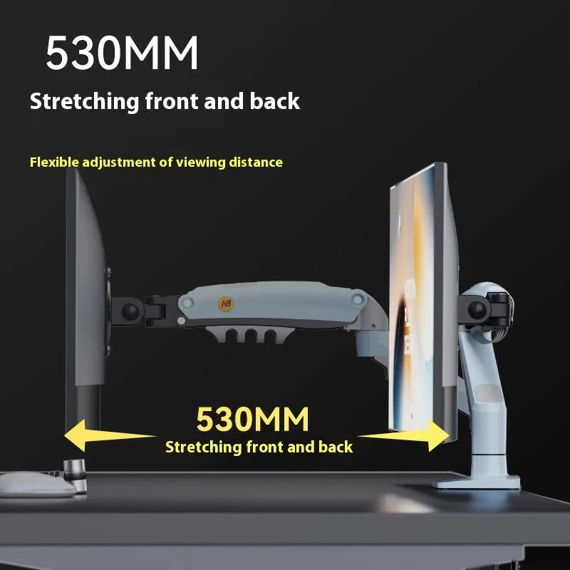 F80-XV gray robotic arm monitor bracket on desk with aluminium alloy frame and ABS plastic parts