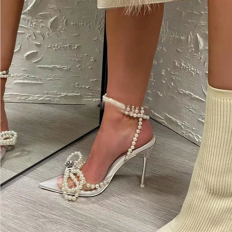Women low heel silver crystal pearl bow transparent PVC sandals pointed toe rubber foam sole
