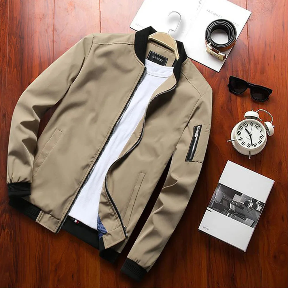 Men's slim fit casual red jacket with zipper front and side pockets.