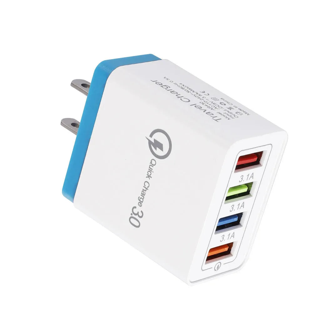 Four-port USB wall charger plug in multiple colours with European or British plug options