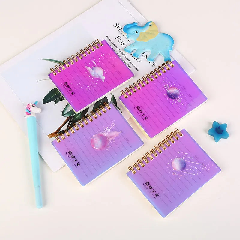 Rollover coil spiral bound pocket notepad with PP cover in Constellation design, shown open and laying flat.