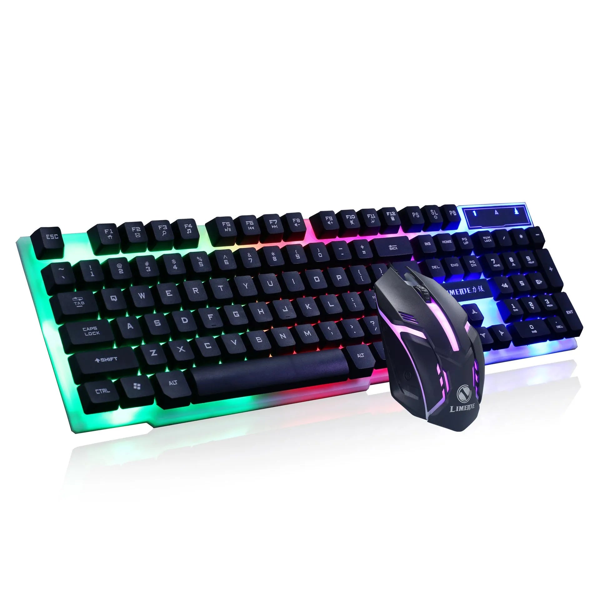 Limei Gtx300 black and white gaming keyboard and mouse set with backlight on desktop