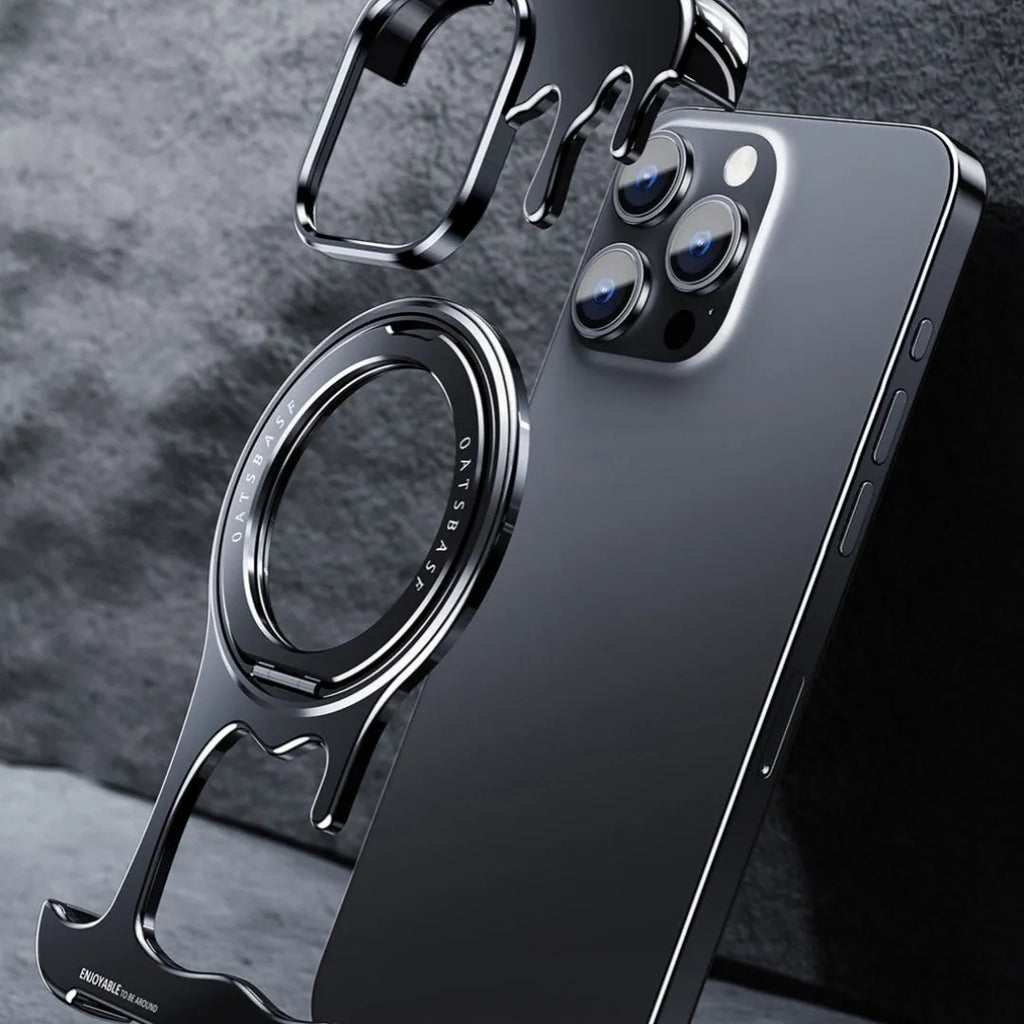 Liquid metal phone case with magnetic rotating bracket for Apple iPhone in Gentlemans black