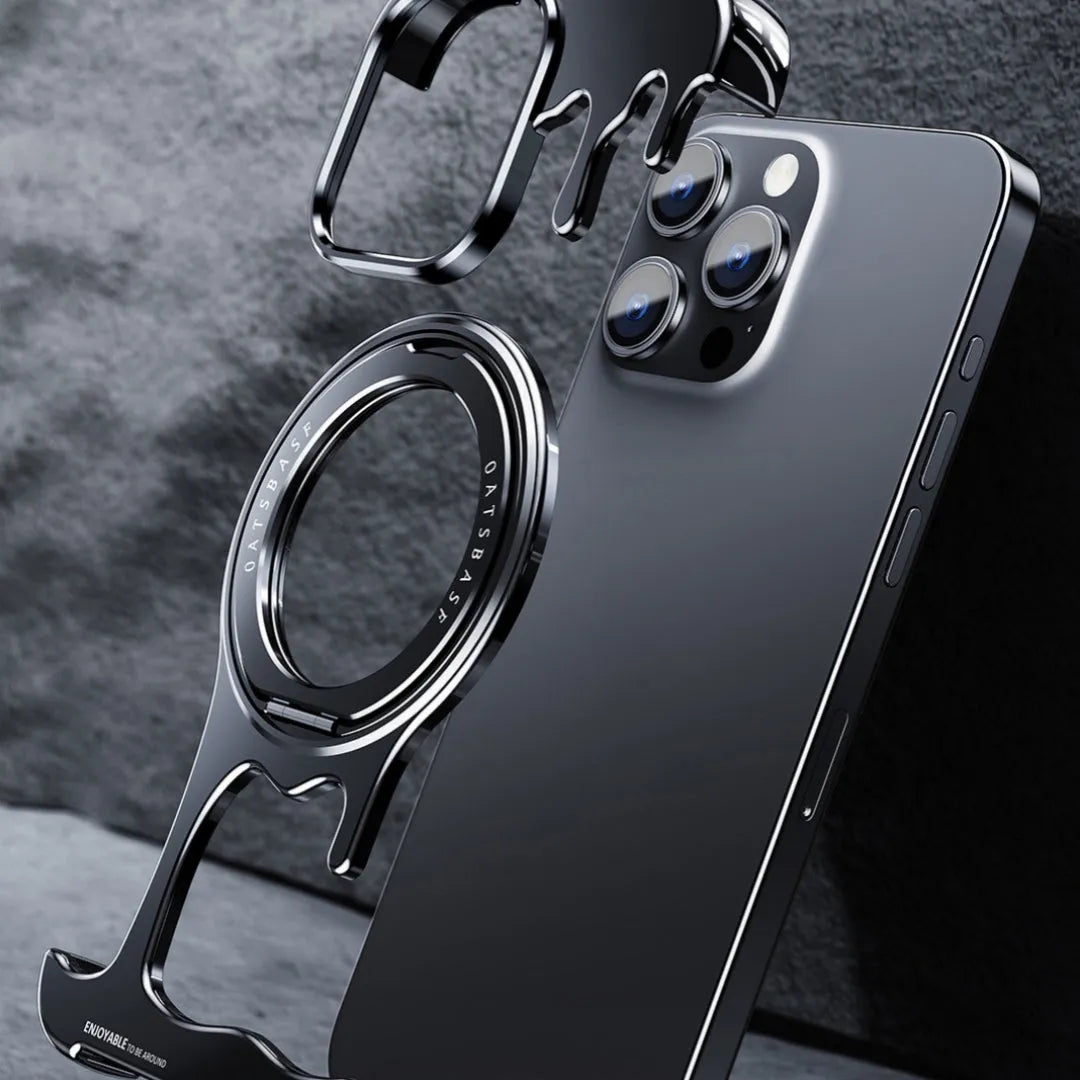 Liquid metal phone case with magnetic rotating bracket for Apple iPhone in Gentlemans black