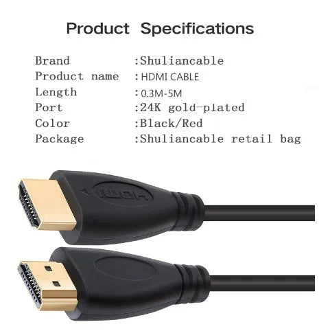 Gold-plated HDMI cable with male connectors shown at various lengths for HDTV and game console use.