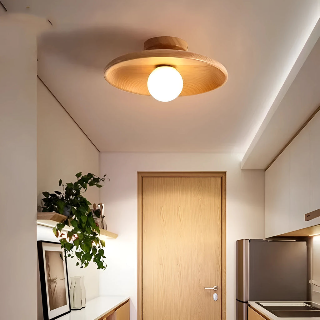 Japanese-style solid wood ceiling lamp for corridor or hallway with warm light, walnut finish