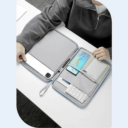 Imitation leather tablet protective case with a carry handle in light grey, shown next to a black variant.