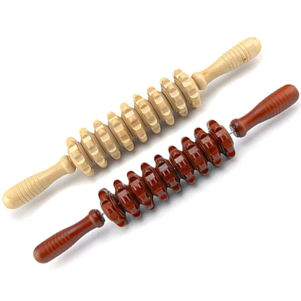 Wooden roller muscle massager stick 39 cm with steel shaft for full body use