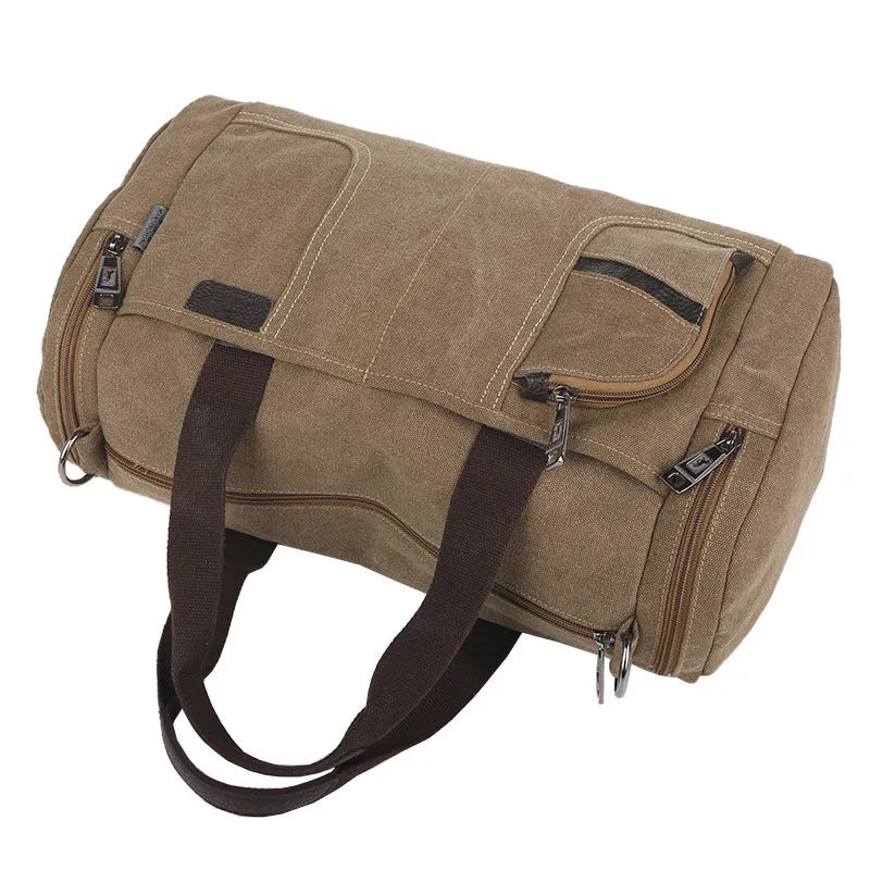 Canvas men shoulder bag, horizontal square shape, zipper closure, khaki colour, with single strap