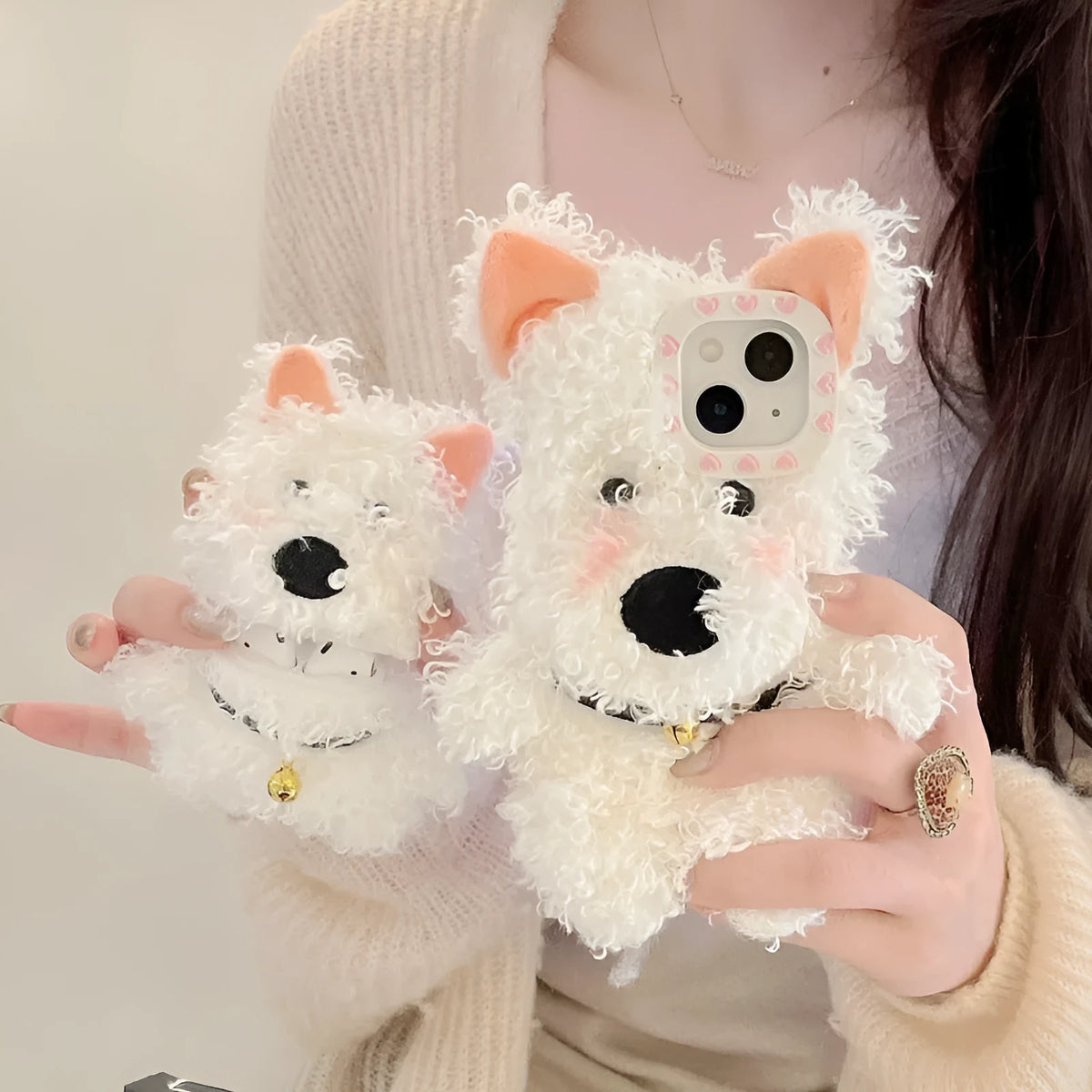 White plush West Highland puppy phone case and earphone sleeve in flannel with furry cartoon design