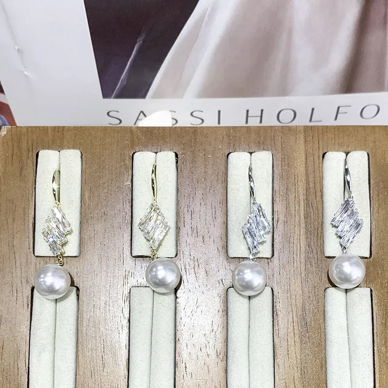 French style micro inlaid sparkling diamond pearl hook earrings in gold colour