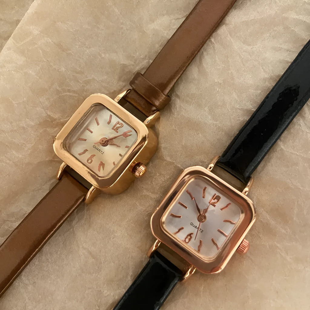 Women's retro fashion watch with 10mm alloy case in black, white, pink, or brown.