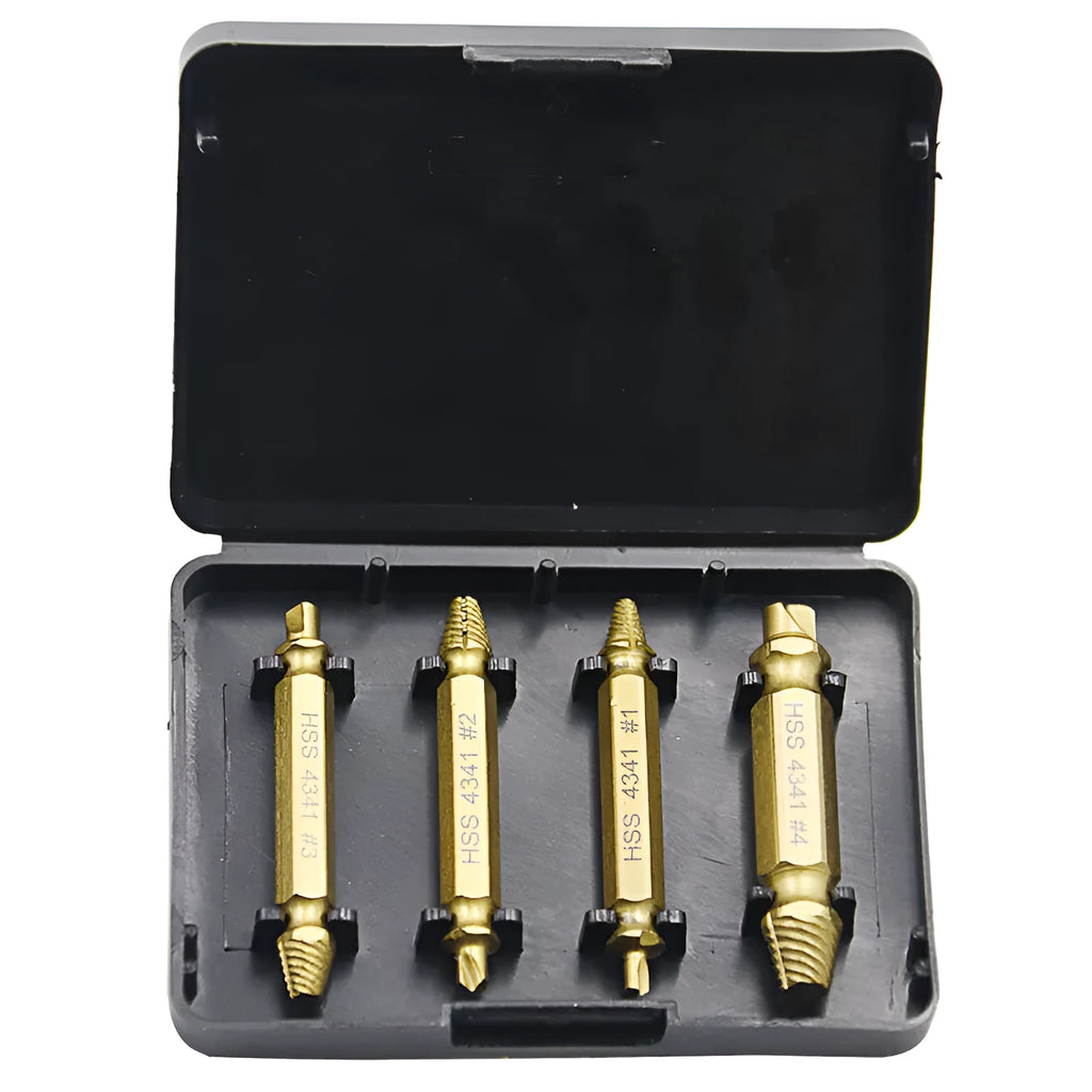 Five-piece 4341 high-speed steel screw extractor set for removing damaged fasteners and nails.