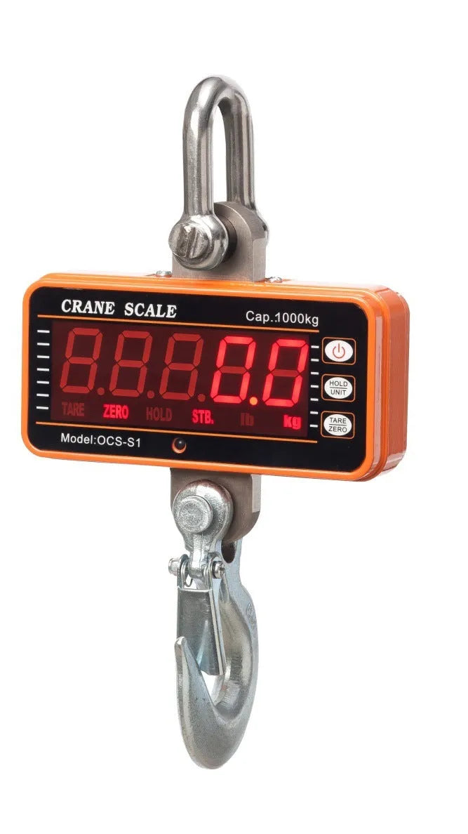 Orange electronic crane scale with digital display, showing a weight readout, hooked to a chain for lifting.
