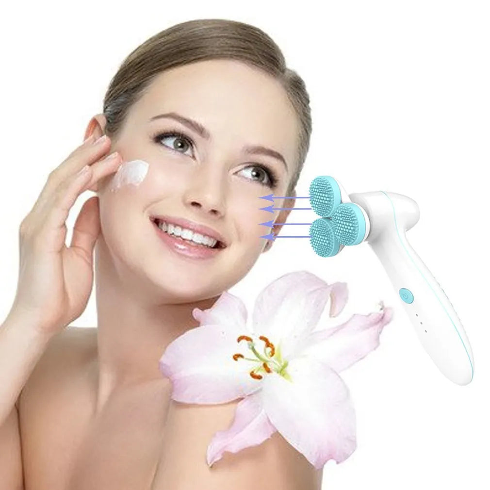 Three round 3D silicone facial cleansing instrument with double cleaning action, V-shaped muscle fit design, blue or pink