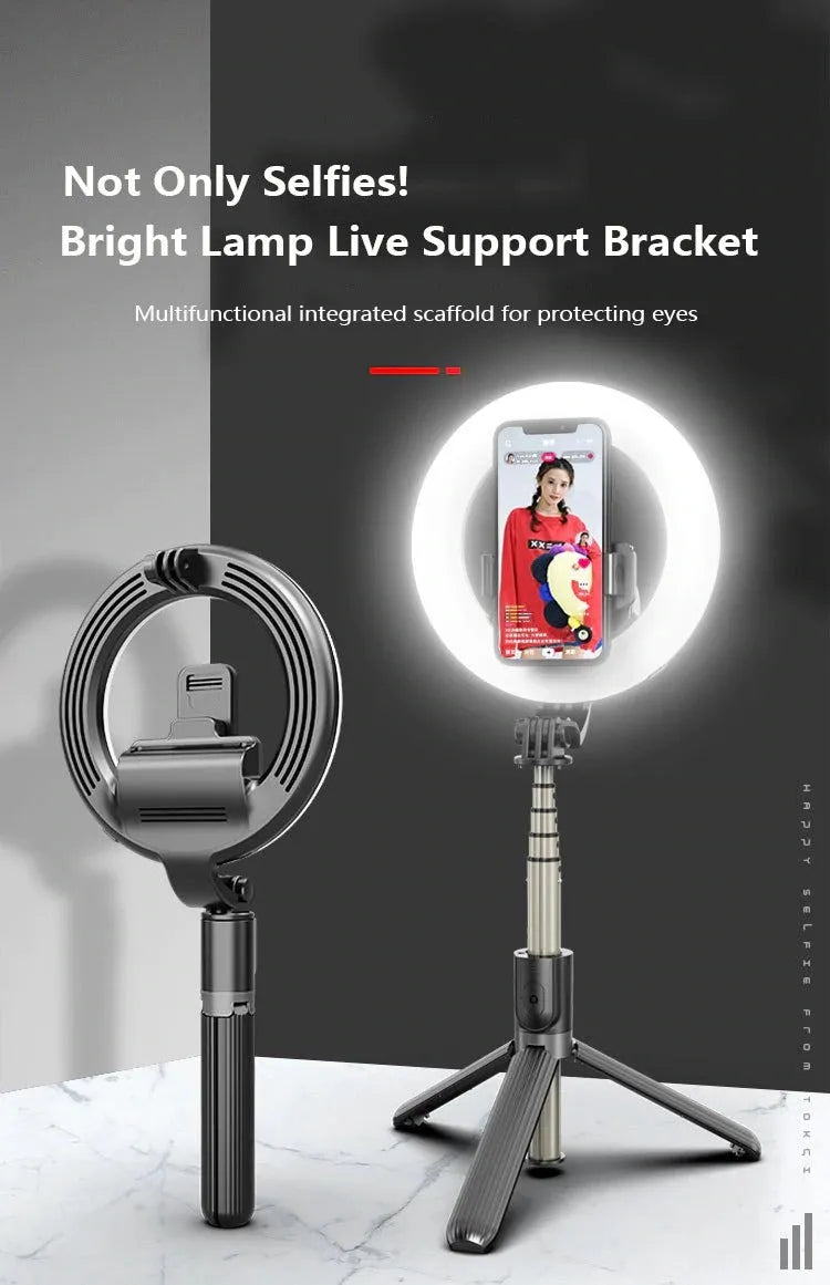 Black selfie stick tripod with 5 inch ring fill light, aluminium alloy pole, and Bluetooth remote for phones 4.0-6.2 inches