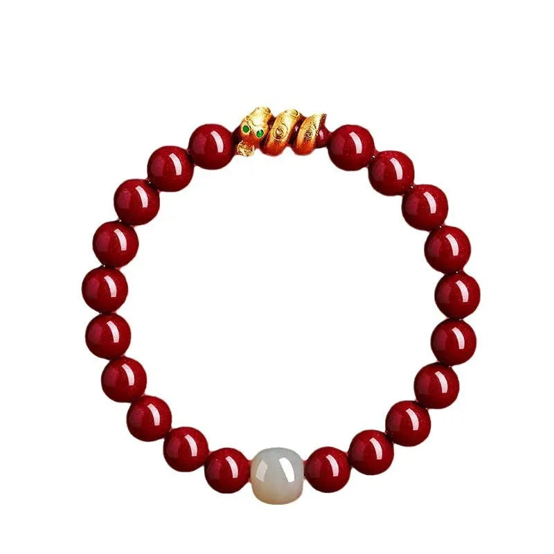 Handmade Chinese-style cinnabar bracelet with snake zodiac beads, shown in 6mm and 8mm size options.