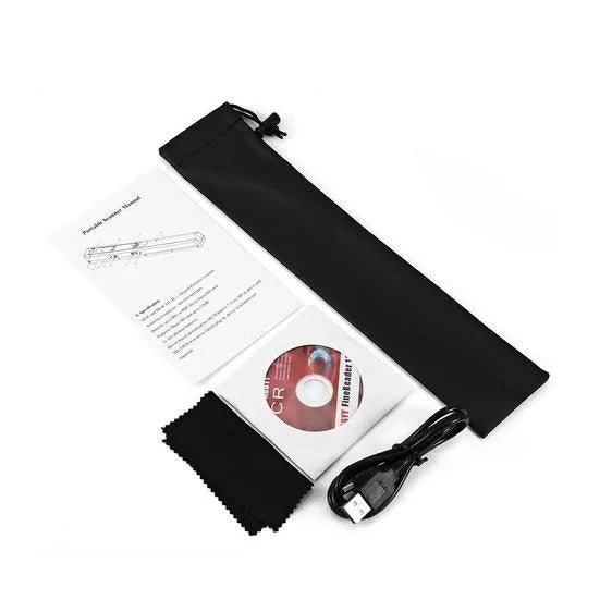 Portable handheld A4 scanner in black, measuring 255 x 28 x 25 mm, with CIS sensor and USB cable.