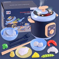 16-piece pink simulation kitchen toy set with electric rice cooker and microwave on a table