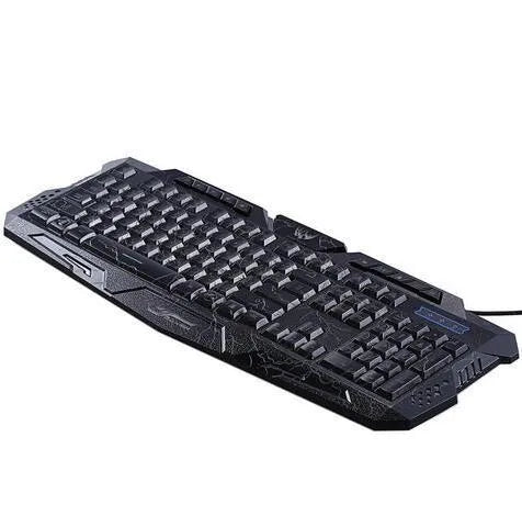 Black gaming keyboard with three-colour LED backlight showing blue backlighting and anti-skid stand