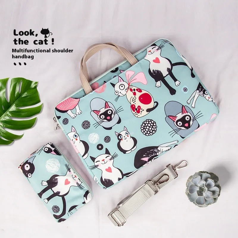 Animal print polyester laptop sleeve in Alien Cat colour, neutral design, sizes 10 to 16 inches