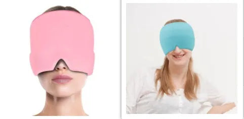 Black elastic ice gel headache relief eye mask shown on a mannequin head, adjustable for 42-66cm circumference.