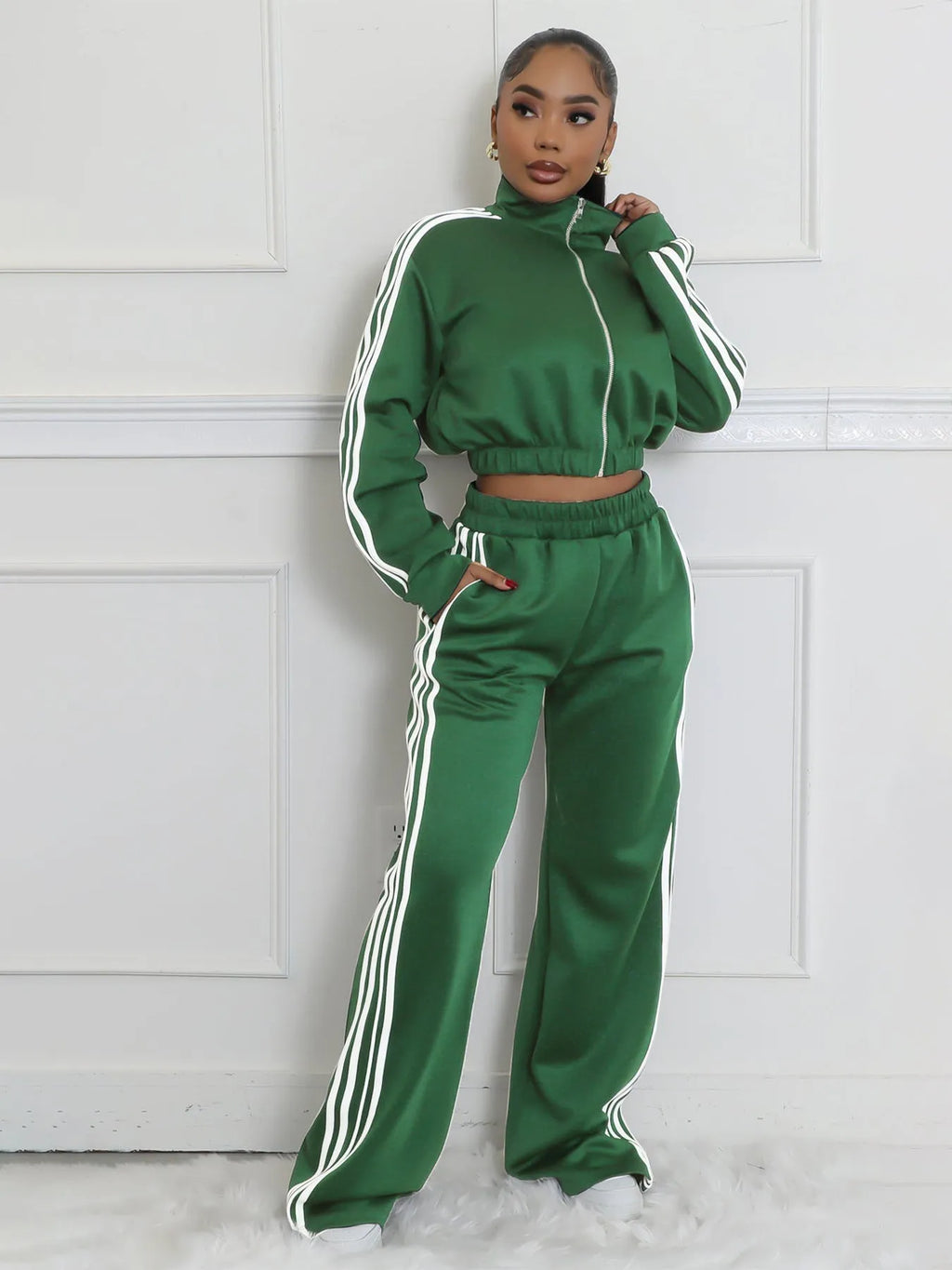 Striped casual two-piece suit set with zipper detail, shown in one of six available colours.