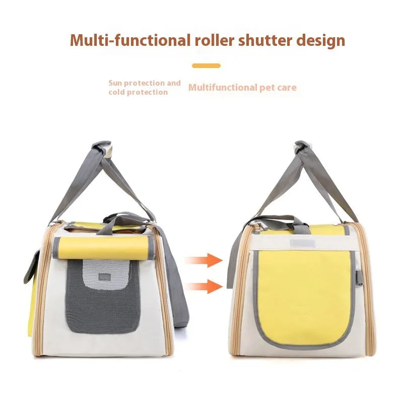 Foldable single shoulder pet carrier bag in canvas, shown in black, green, and yellow colour options.