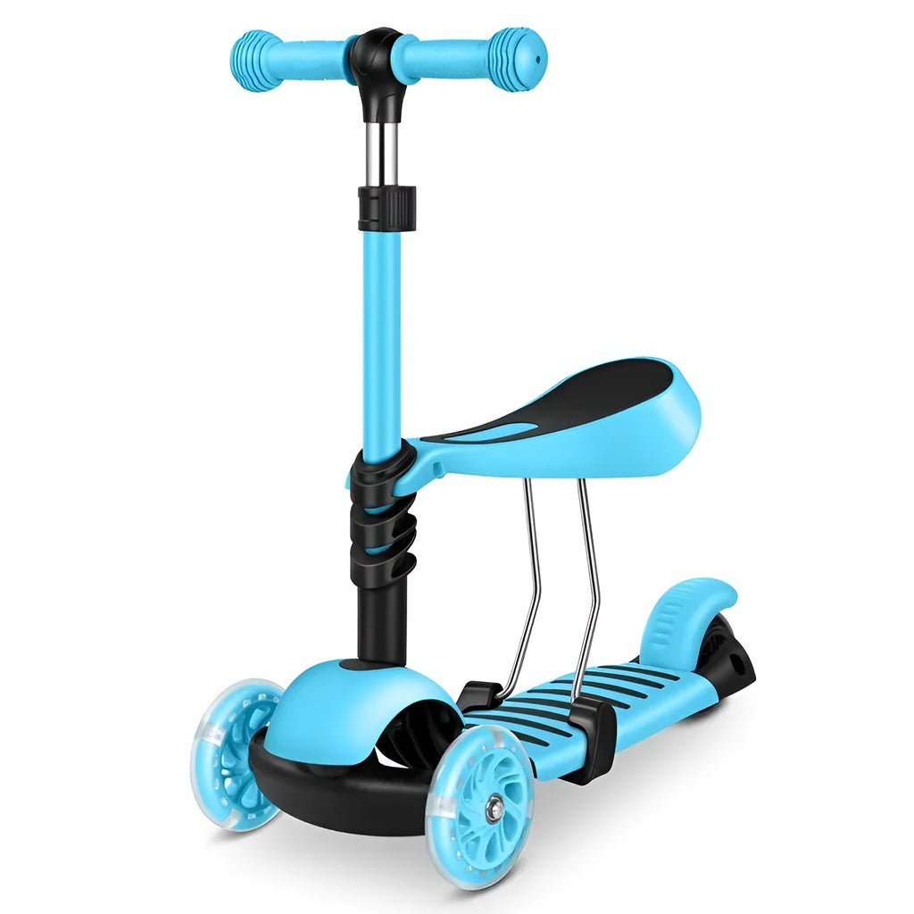 Three-wheeled plastic children's scooter with push rod in blue for toddlers under 3