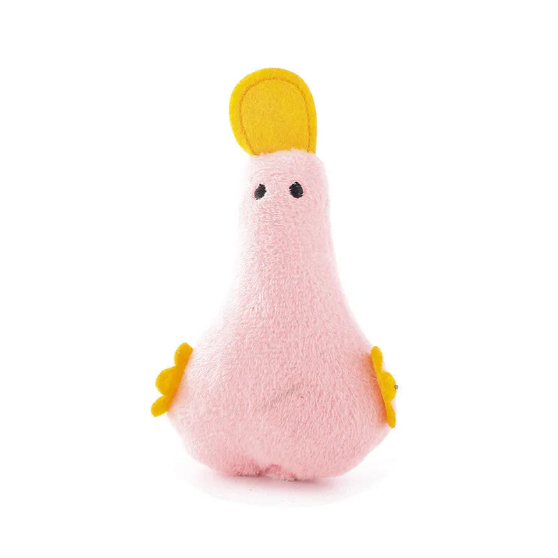 Plush duck dog and cat toy with catnip filling, squeaker, and rattle in blue, pink, yellow, or black