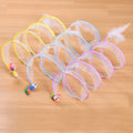 S-type cat tunnel toy with steel wire frame, elastic net covering, and feather attachment for feline play