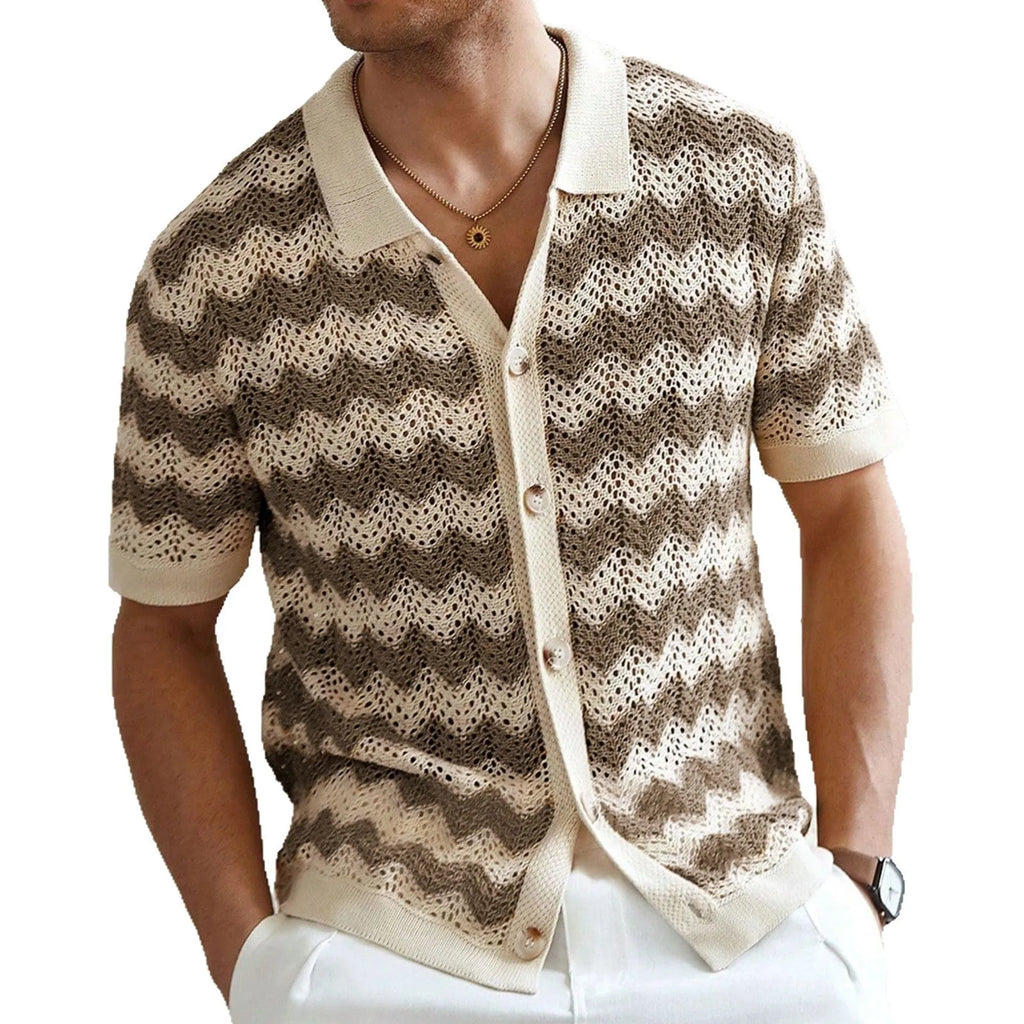 Short sleeve Tencel viscose sweater with jacquard corrugated flocking pattern in blue.