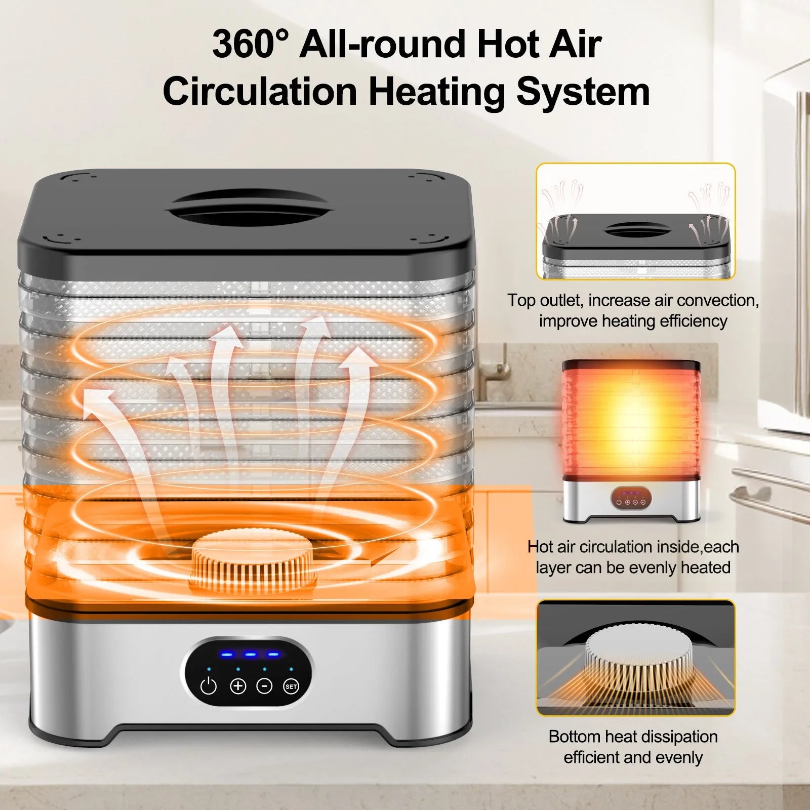 Silver household food dehydrator with 8 drying trays showing expanded height configuration